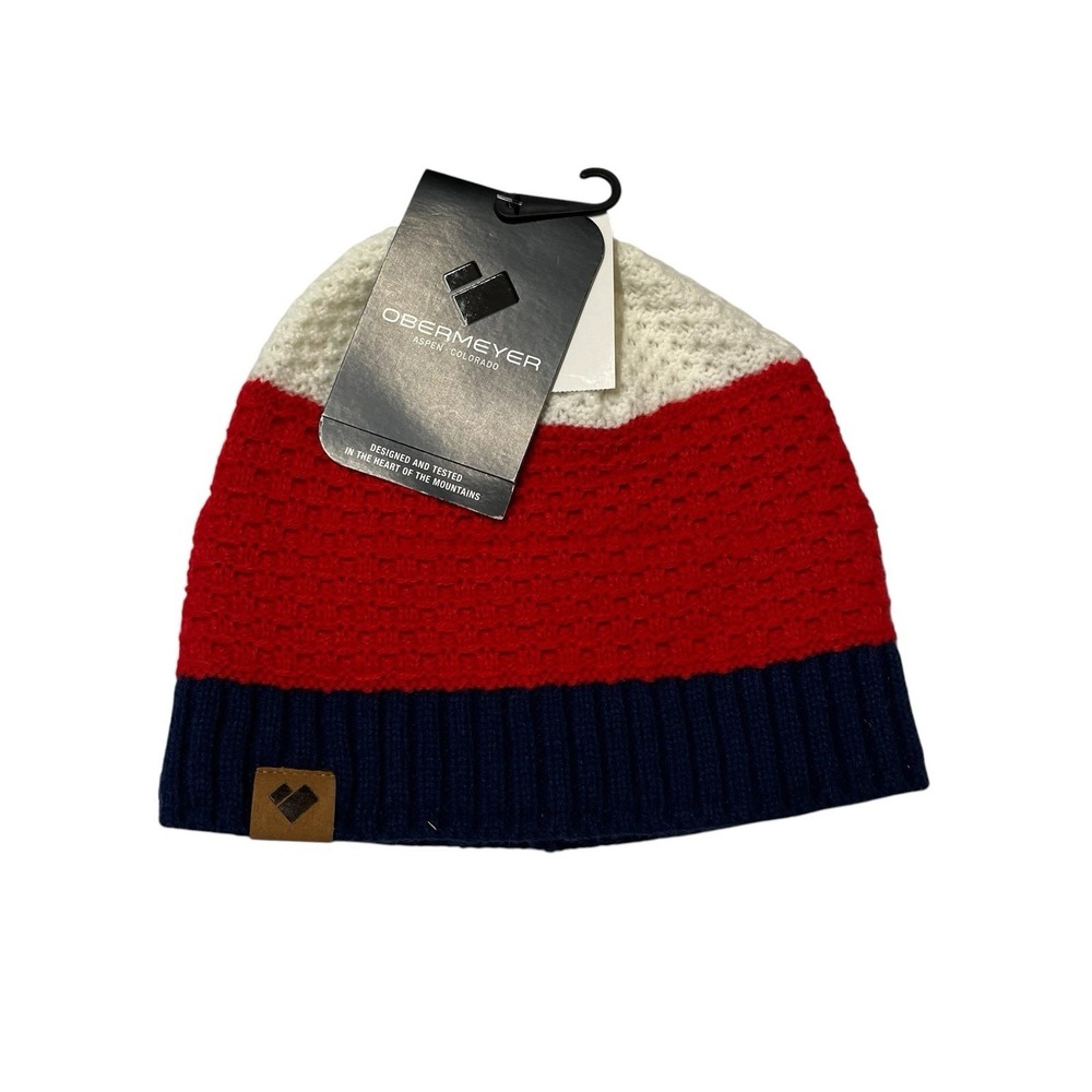 Obermeyer Vancouver Beanie Hatโ Red White Blue Textured Knit Fleece Lined Preppy